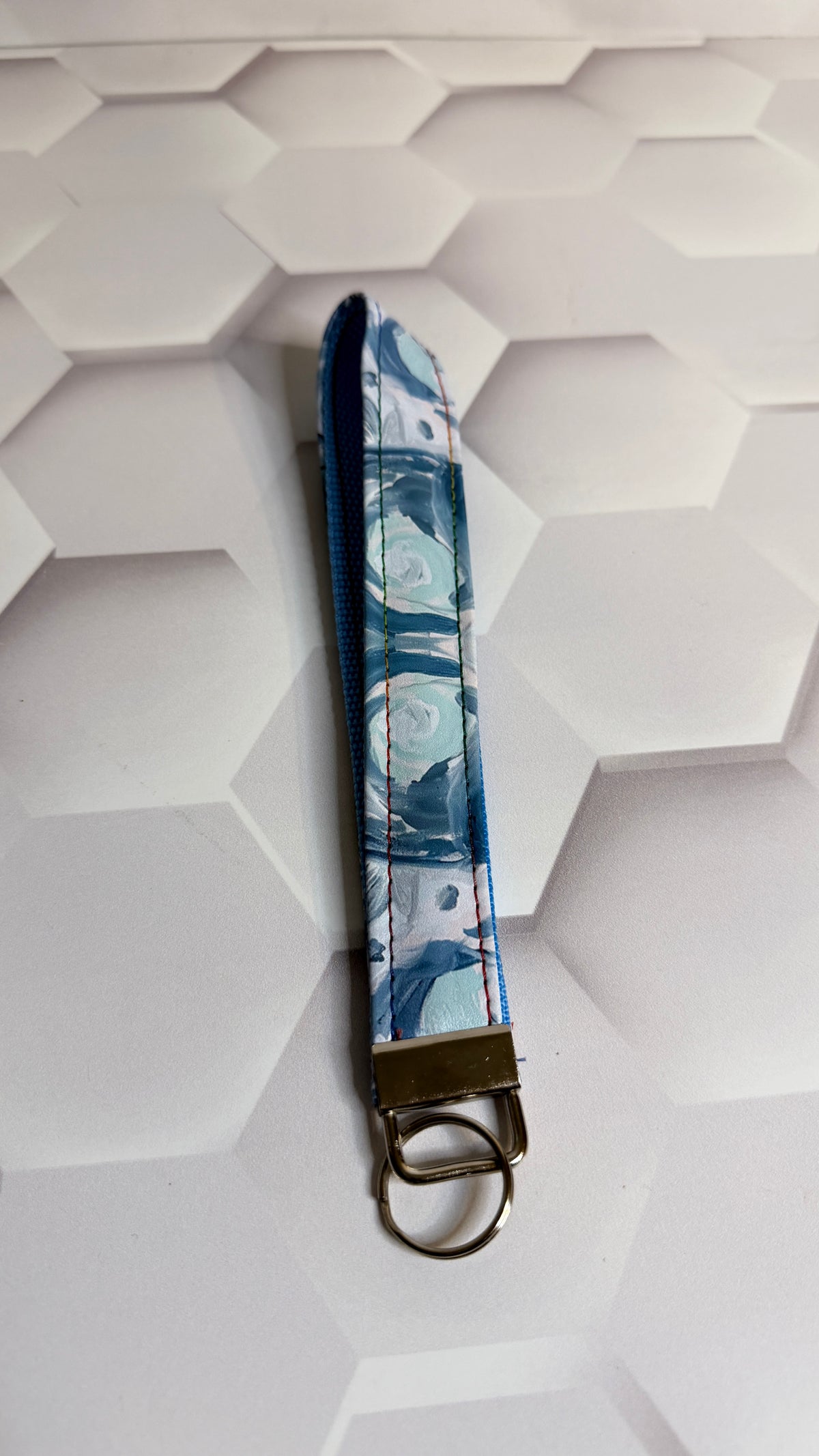 Blue Floral Fabric Keychain Wristlet | Handmade Cotton Wrist Strap Key Fob