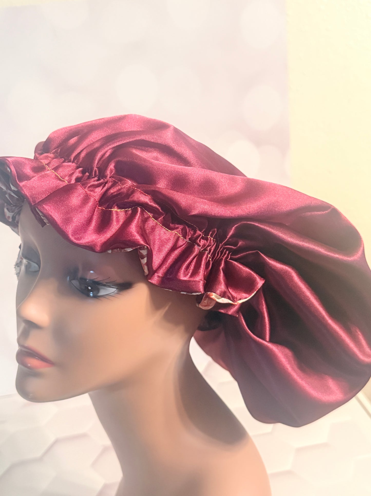 Satin Bonnet - Burgundy & Floral Print
