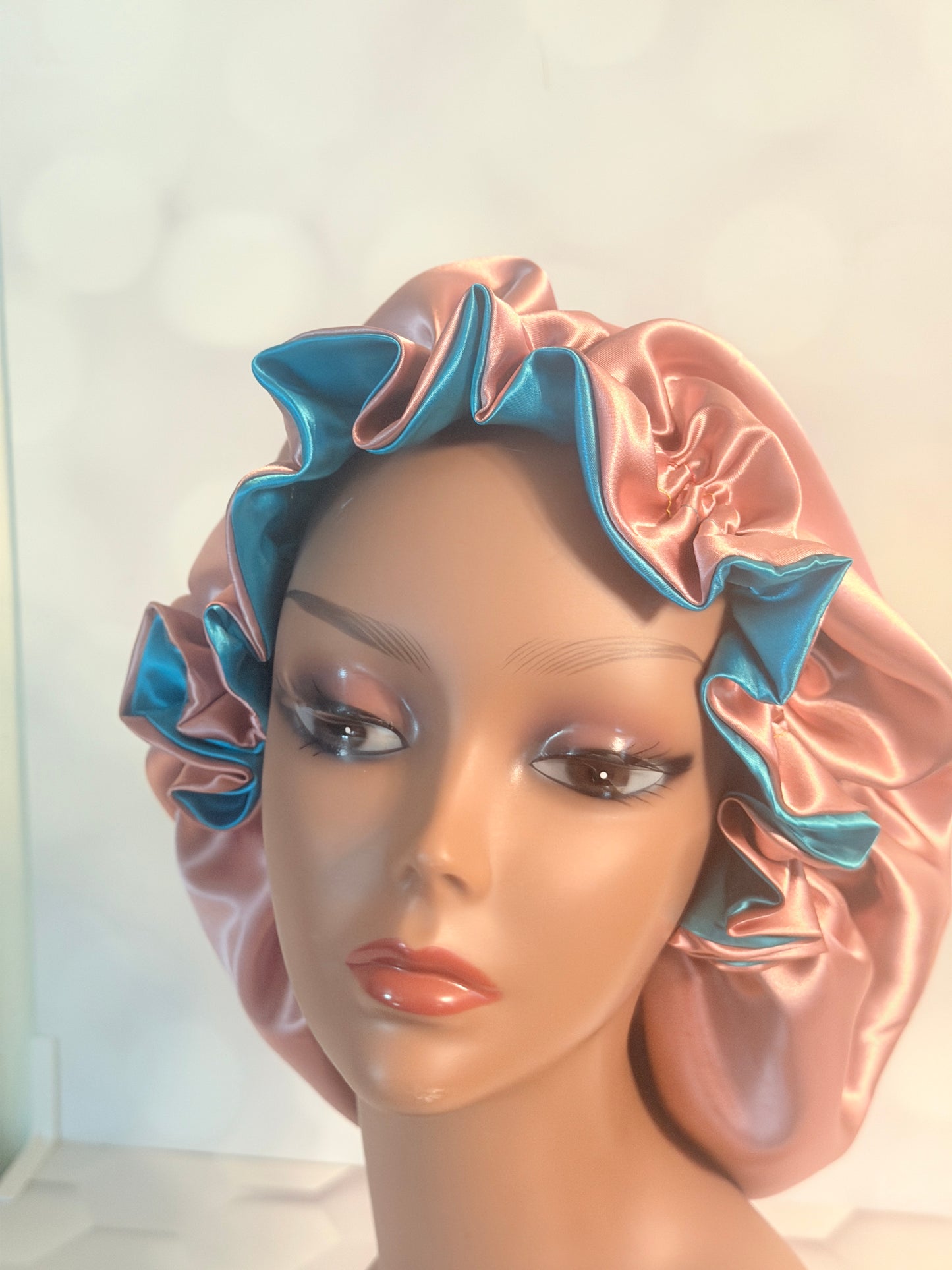 Two-Tone Satin Bonnet - Turquoise & Rose Gold