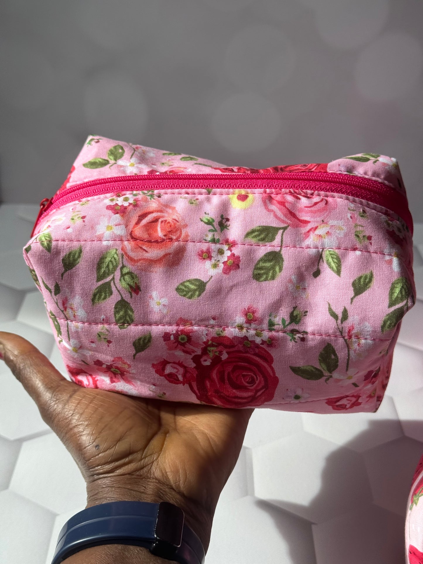 PINK QUILTED ROSE MAKEUP BAG