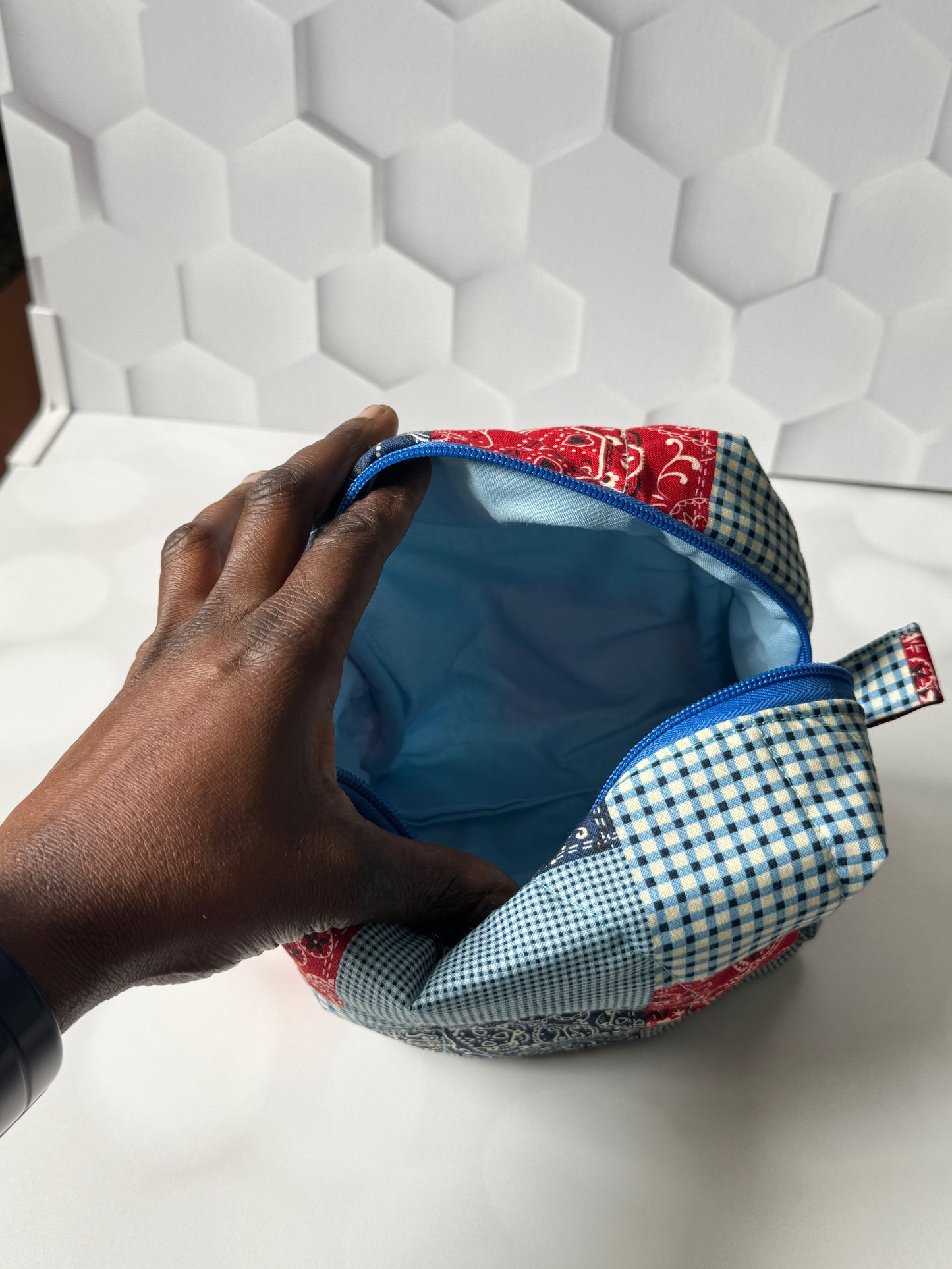 BLUE PATCH WORK MAKEUP BAG