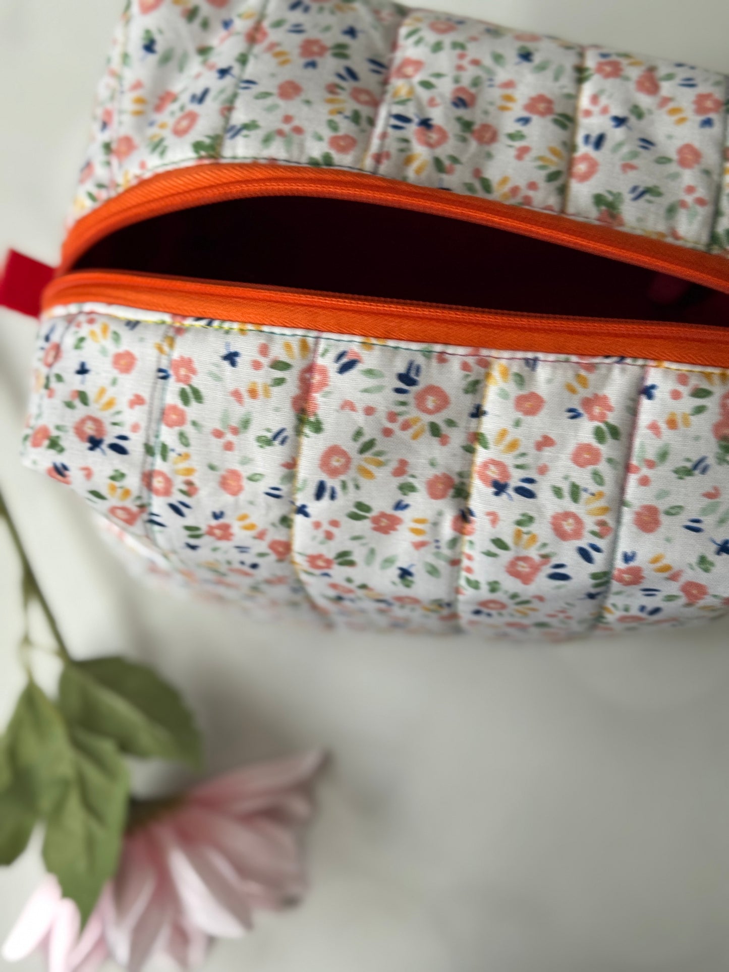 Orange Floral Makeup Bag