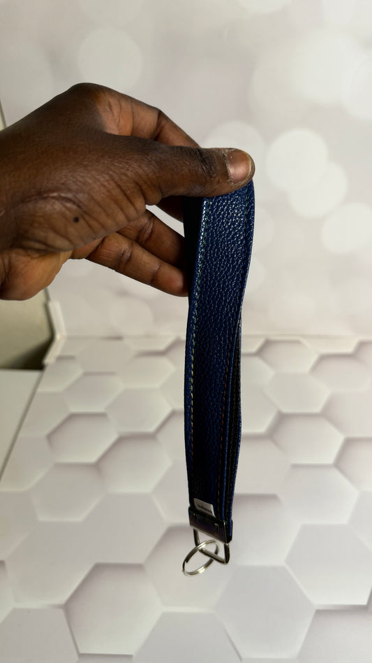 Navy Blue Pebbled Faux Leather Keychain Wristlet | Handmade Wrist Strap Key Fob