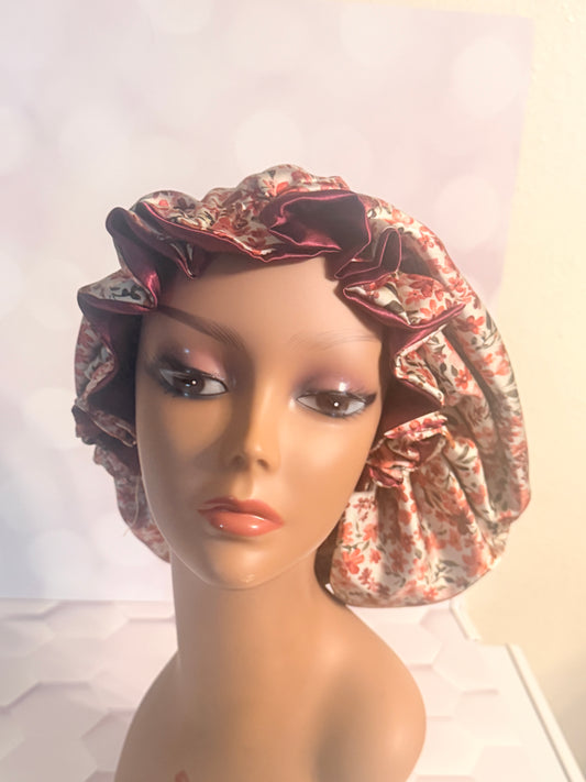Satin Bonnet - Burgundy & Floral Print