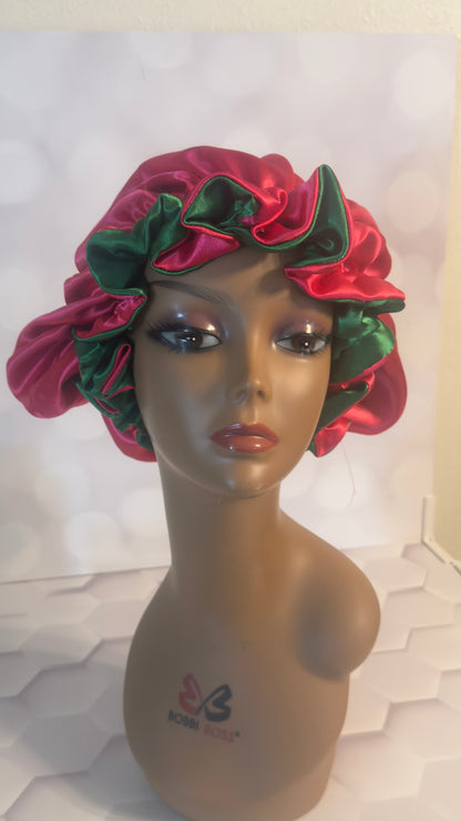 Two-Tone Satin Bonnet - Forest Green & Hot Pink(watermelon)