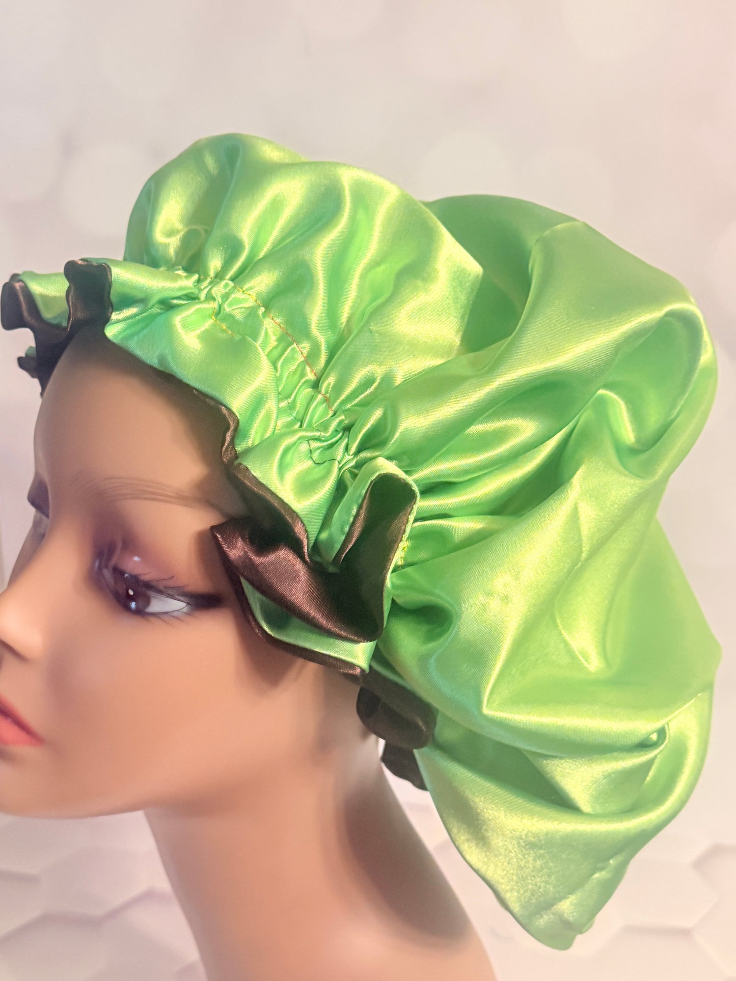 Two-Tone Satin Bonnet - Lime Green & Chocolate Brown