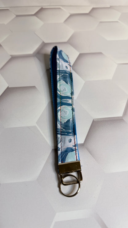 Blue Floral Fabric Keychain Wristlet | Handmade Cotton Wrist Strap Key Fob