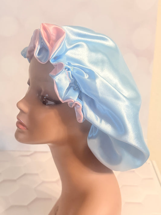 Two-Tone Satin Bonnet - Baby Blue & Baby Pink