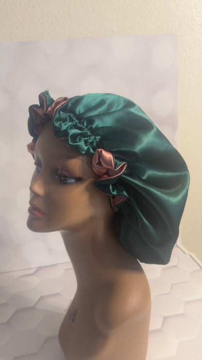 Two-Tone Satin Bonnet - Mauve Taupe & Forest Green
