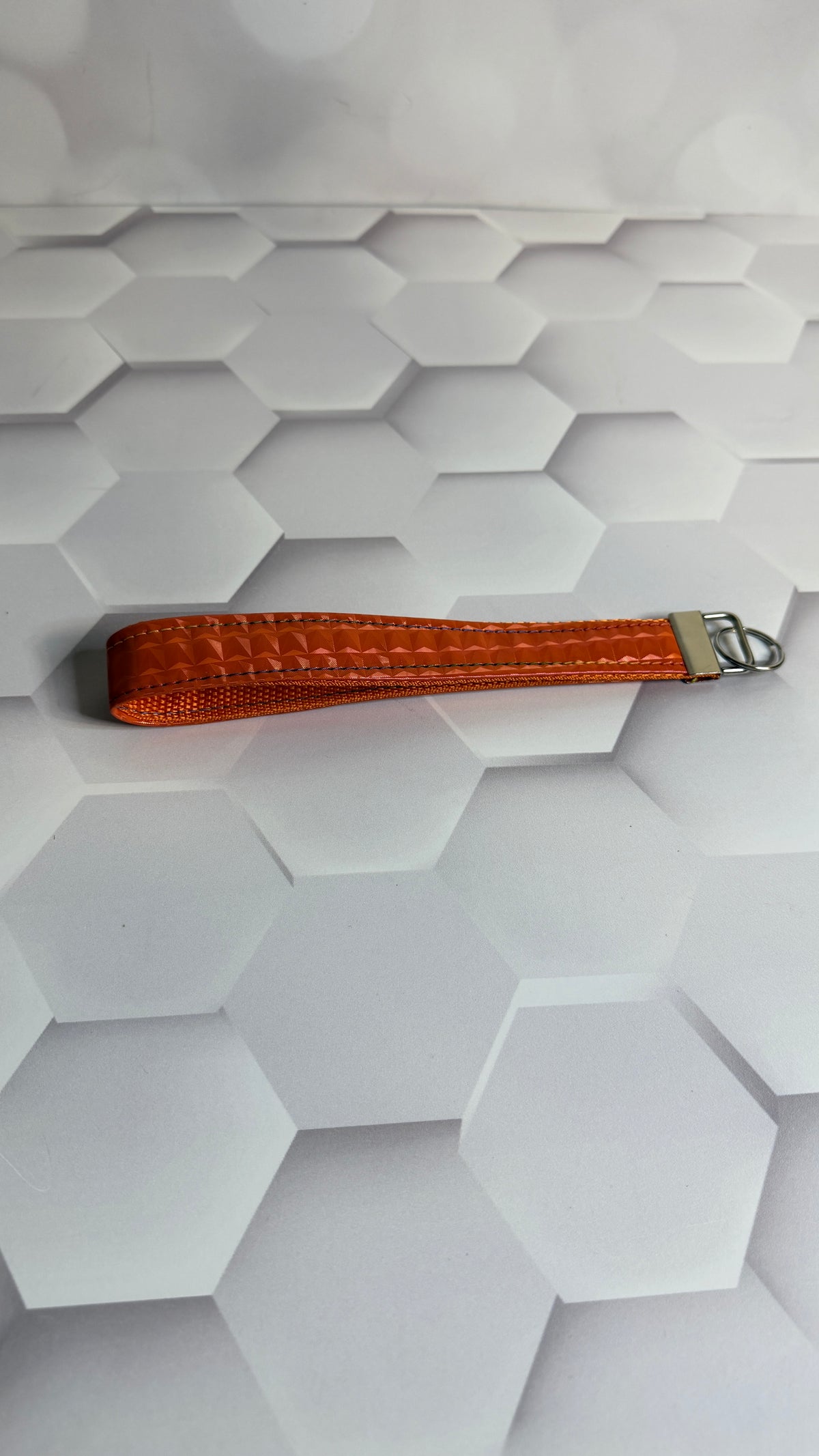 Orange Geometric Faux Leather Keychain Wristlet | Handmade Wrist Strap Key Fob