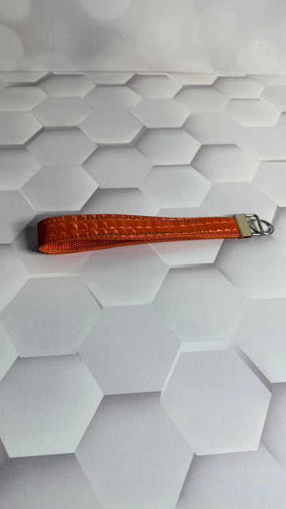 Orange Geometric Faux Leather Keychain Wristlet | Handmade Wrist Strap Key Fob