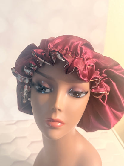 Satin Bonnet - Burgundy & Floral Print