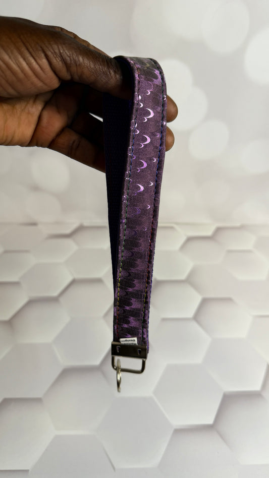 Purple Moon Phase Fabric Keychain Wristlet | Handmade Cotton Wrist Strap Key Fob