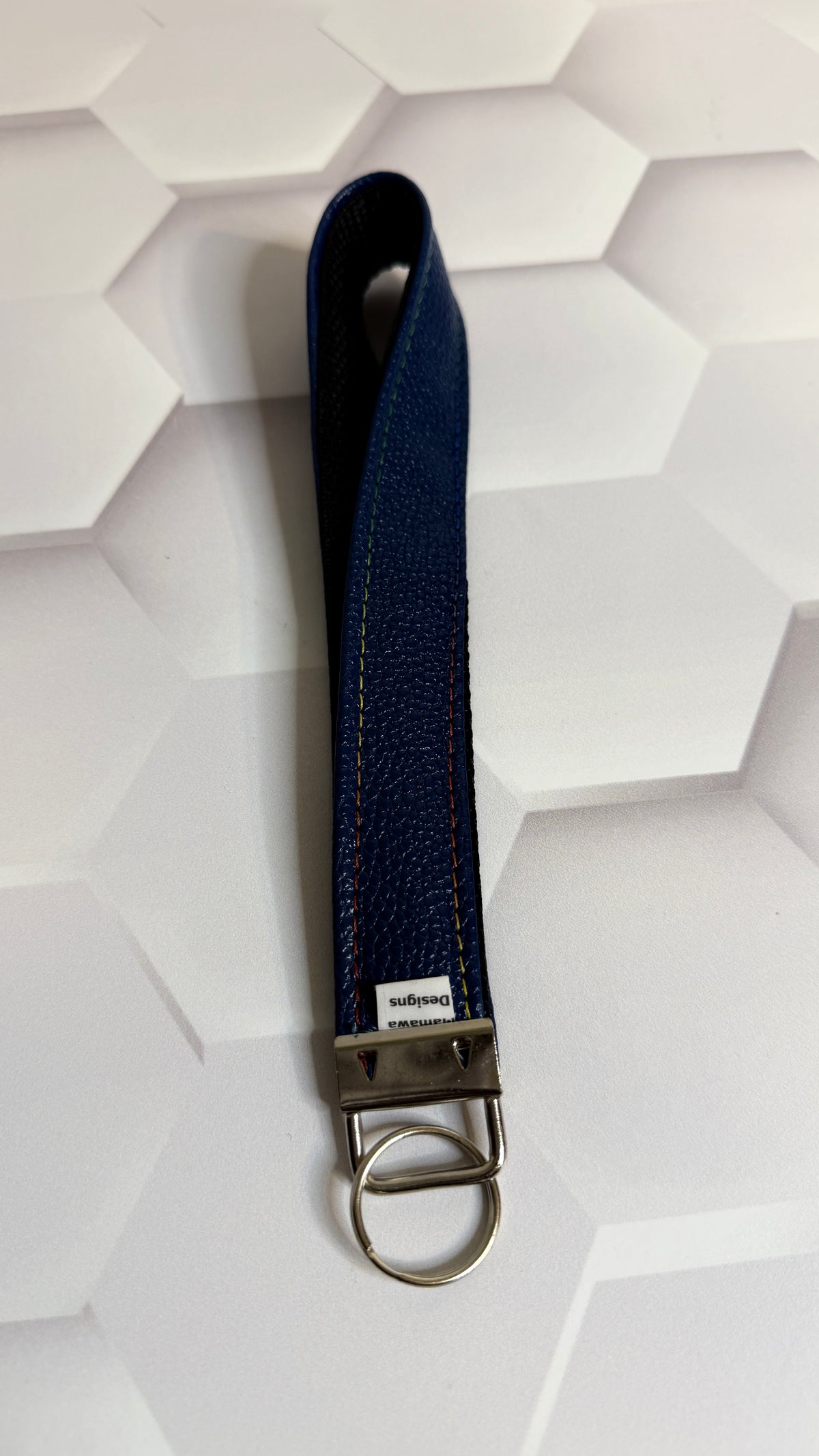 Navy Blue Pebbled Faux Leather Keychain Wristlet | Handmade Wrist Strap Key Fob