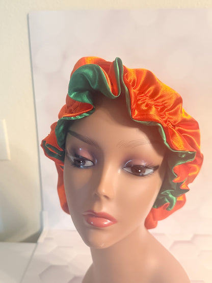 Two-Tone Satin Bonnet - Emerald Green & Orange