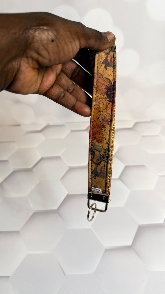 Floral Cork Fabric Keychain Wristlet | Handmade Cork Wrist Strap Key Fob