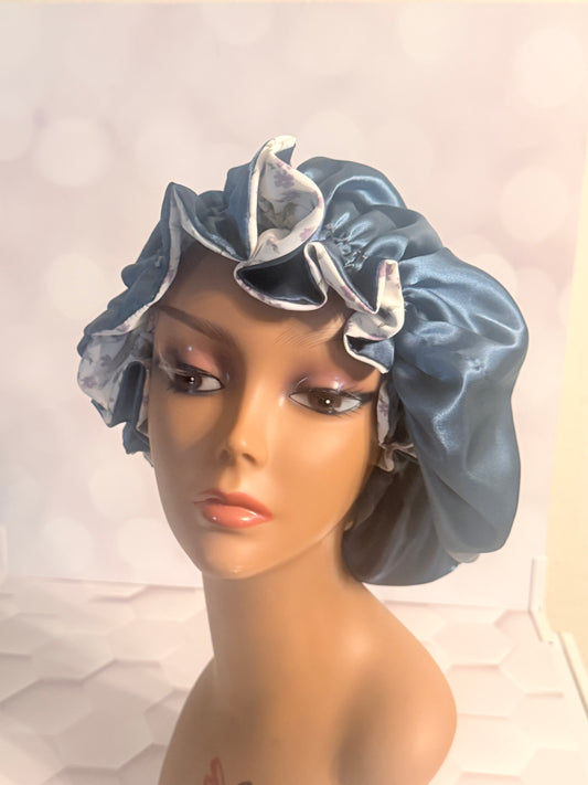 Satin Bonnet - Slate Blue & White Floral