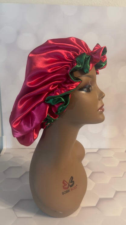 Two-Tone Satin Bonnet - Forest Green & Hot Pink(watermelon)