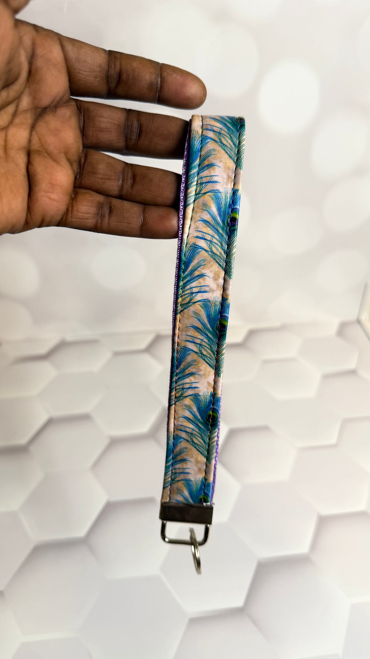 Peacock Feather Fabric Keychain Wristlet | Handmade Cotton Wrist Strap Key Fob