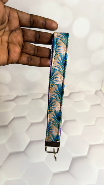 Peacock Feather Fabric Keychain Wristlet | Handmade Cotton Wrist Strap Key Fob