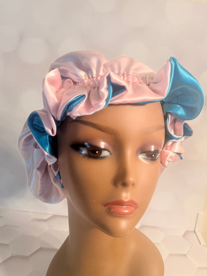 Two-Tone Satin Bonnet - Turquoise & Baby