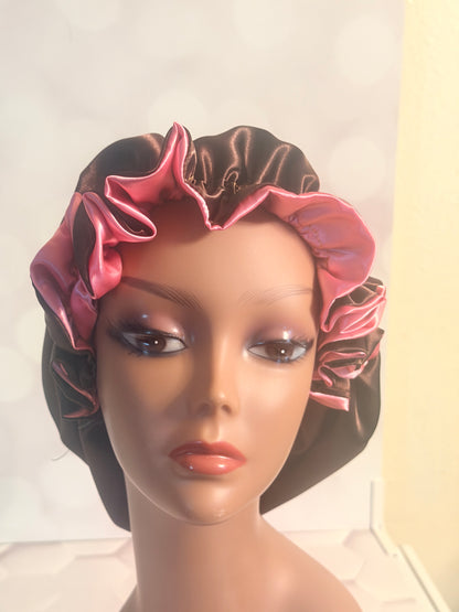 Two-Tone Satin Bonnet - Chocolate Brown & Pink
