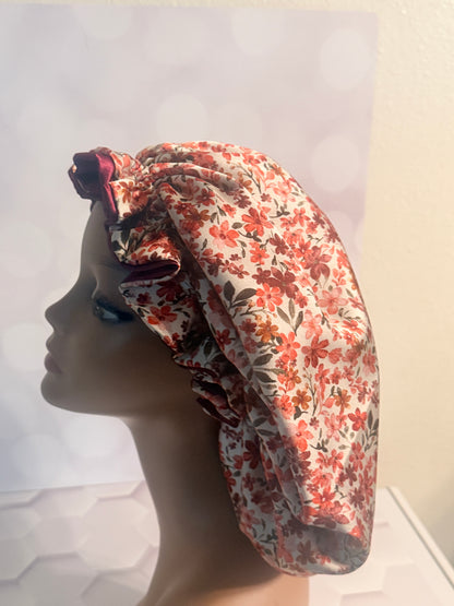 Satin Bonnet - Burgundy & Floral Print