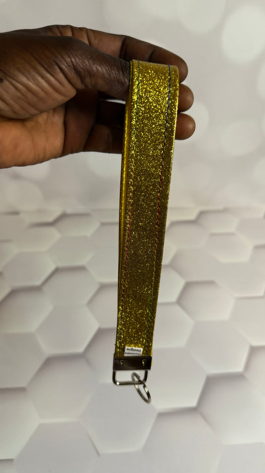 Gold Glitter Faux Leather Keychain Wristlet | Handmade Sparkle Wrist Strap Key Fob