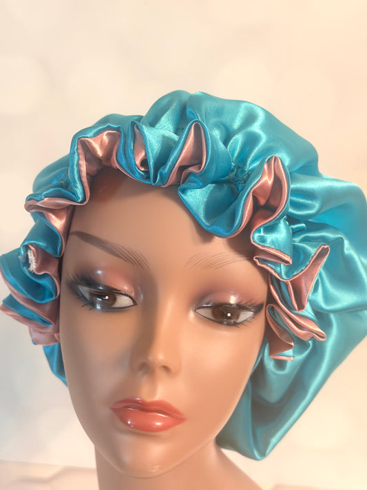 Two-Tone Satin Bonnet - Turquoise & Rose Gold