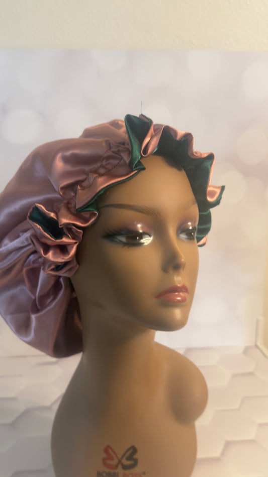 Two-Tone Satin Bonnet - Mauve Taupe & Forest Green