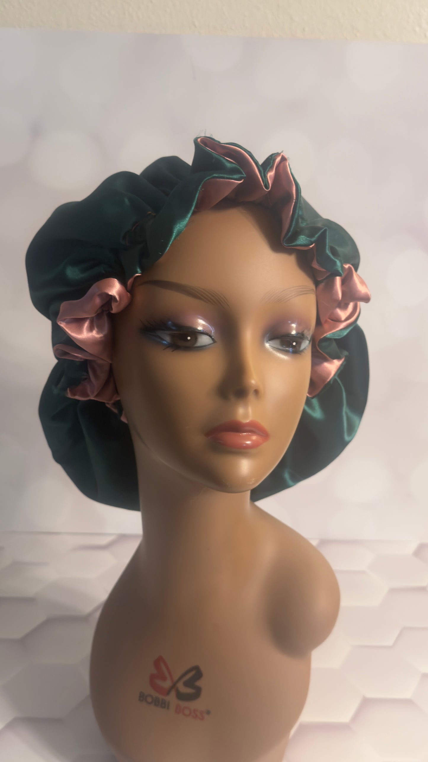 Two-Tone Satin Bonnet - Mauve Taupe & Forest Green