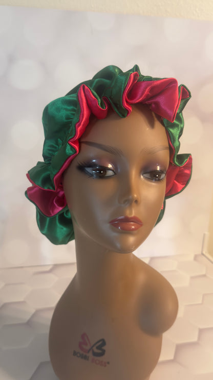 Two-Tone Satin Bonnet - Forest Green & Hot Pink(watermelon)