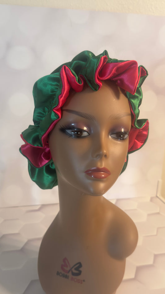Two-Tone Satin Bonnet - Forest Green & Hot Pink(watermelon)