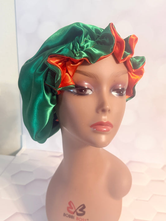 Two-Tone Satin Bonnet - Emerald Green & Orange