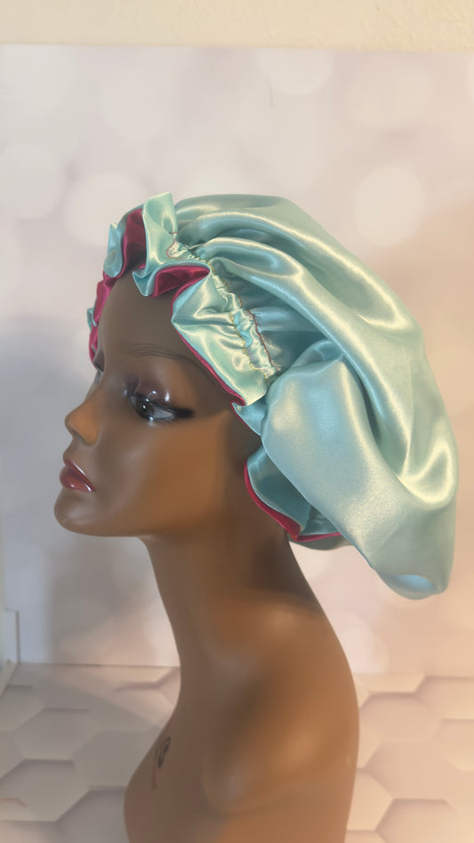 Two-Tone Satin Bonnet - Burgundy & Sage Green