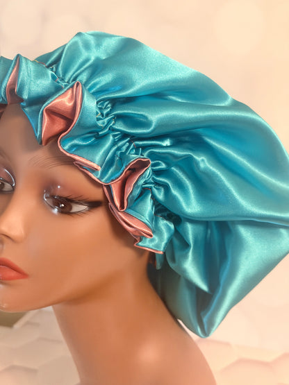 Two-Tone Satin Bonnet - Turquoise & Rose Gold