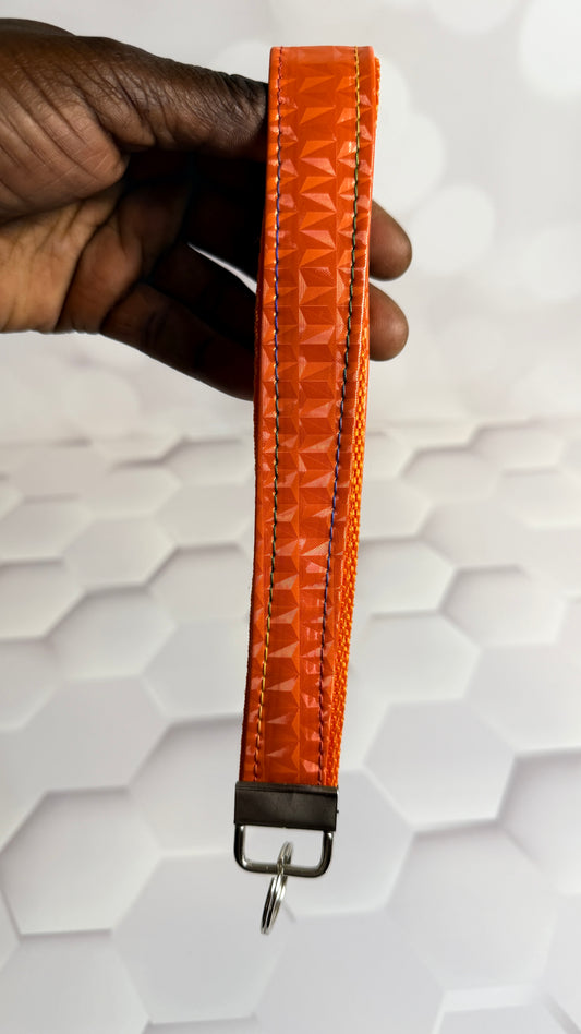 Orange Geometric Faux Leather Keychain Wristlet | Handmade Wrist Strap Key Fob