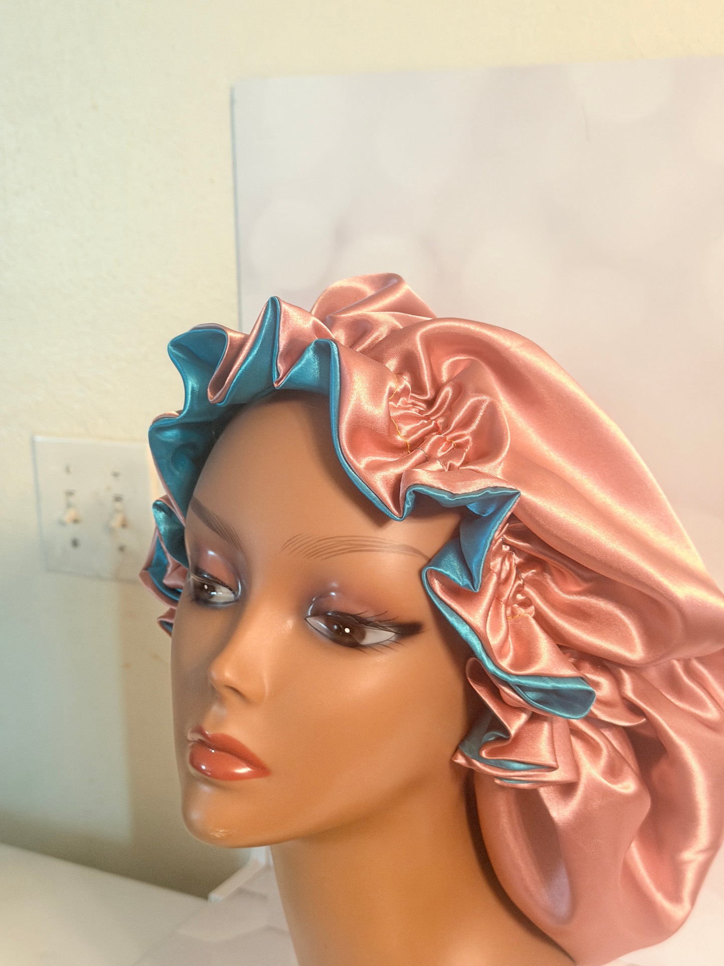 Two-Tone Satin Bonnet - Turquoise & Rose Gold