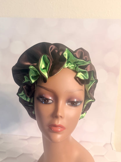 Two-Tone Satin Bonnet - Lime Green & Chocolate Brown