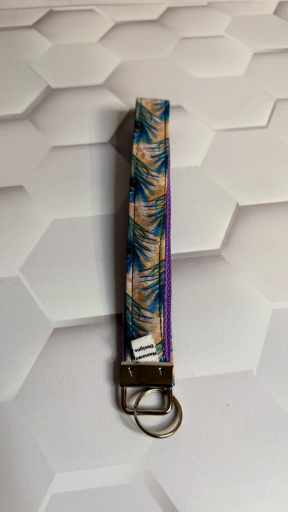 Peacock Feather Fabric Keychain Wristlet | Handmade Cotton Wrist Strap Key Fob