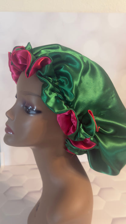 Two-Tone Satin Bonnet - Forest Green & Hot Pink(watermelon)