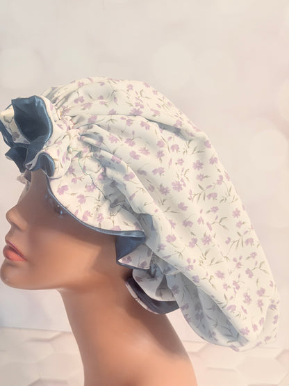 Satin Bonnet - Slate Blue & White Floral