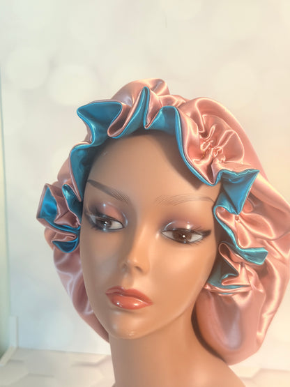 Two-Tone Satin Bonnet - Turquoise & Rose Gold