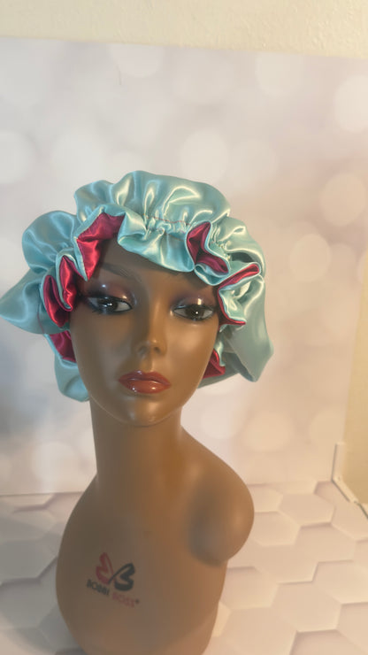Two-Tone Satin Bonnet - Burgundy & Sage Green