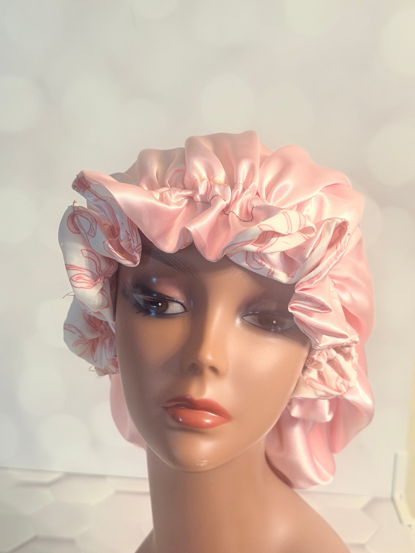 Satin Bonnet - White & Pink Floral Print