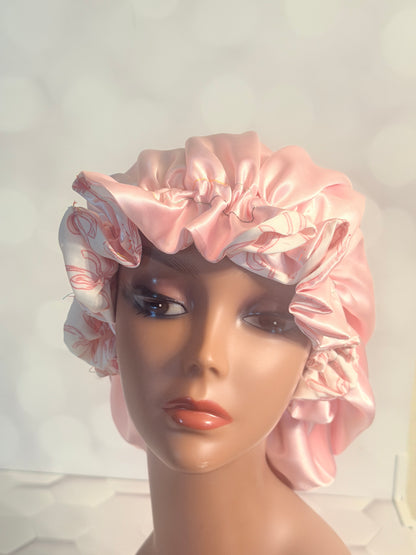 Satin Bonnet - White & Pink Floral Print