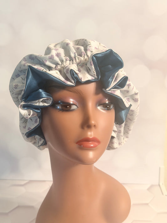 Satin Bonnet - Slate Blue & White Floral