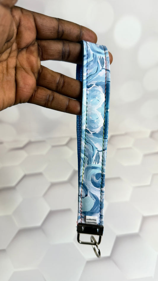 Blue Floral Fabric Keychain Wristlet | Handmade Cotton Wrist Strap Key Fob