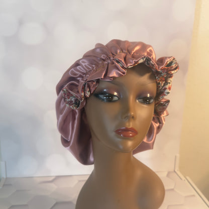 Satin Bonnet - Mauve & Rose Gold Floral
