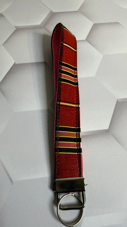 Red Plaid Fabric Keychain Wristlet | Handmade Tartan Wrist Strap Key Fob
